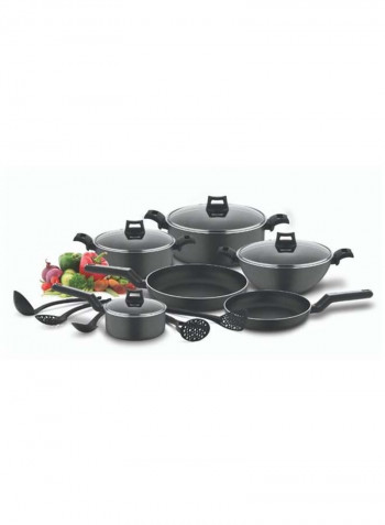 15-Piece Non-Stick Cookware Set (2 Fry Pans, 2 Casseroles, Saucepan, Kadai, 4 Lids & 5 Spatulas) with 5 Layer PTFE Non-Stick Spray Coating BXSGS15BME Black 7.69kg