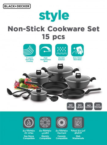 15-Piece Non-Stick Cookware Set (2 Fry Pans, 2 Casseroles, Saucepan, Kadai, 4 Lids & 5 Spatulas) with 5 Layer PTFE Non-Stick Spray Coating BXSGS15BME Black 7.69kg