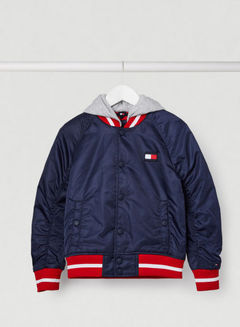 Kids Padded Hooded Bomber Jacket Blue/Grey/Red