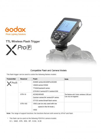 Xpro P Wireless Flash Trigger For Pentax K-1/645Z/K70/K50/Kp/K-S2/K-3Ii Black