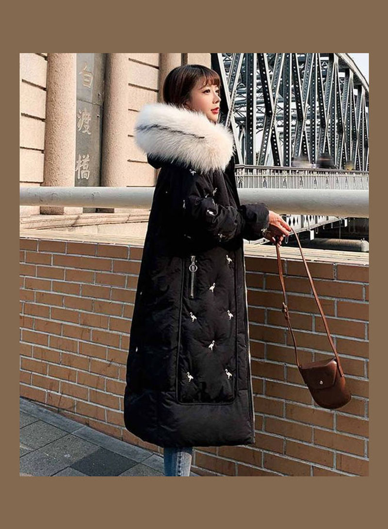 Embroidered Fur Collar Long Coat for Women Black