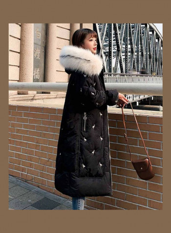 Embroidered Fur Collar Long Coat for Women Black