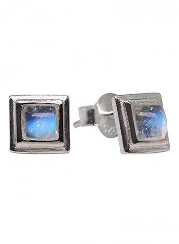 Sterling Silver 925 Genuine Moonstone Square Stud Earrings