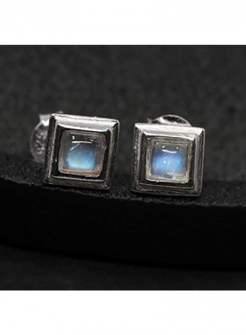 Sterling Silver 925 Genuine Moonstone Square Stud Earrings