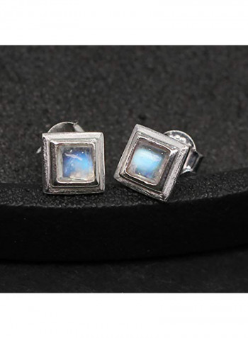 Sterling Silver 925 Genuine Moonstone Square Stud Earrings