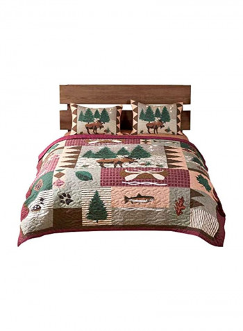 3-Piece Cotton Quilt Set Green/Brown/Grey