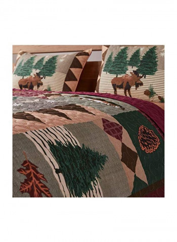 3-Piece Cotton Quilt Set Green/Brown/Grey