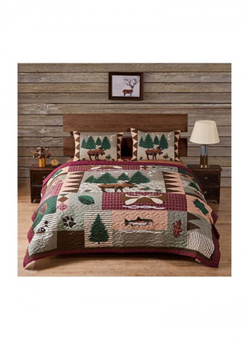 3-Piece Cotton Quilt Set Green/Brown/Grey
