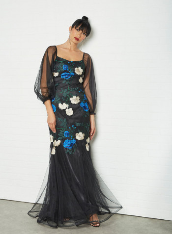 Floral Embroidery Dress Black