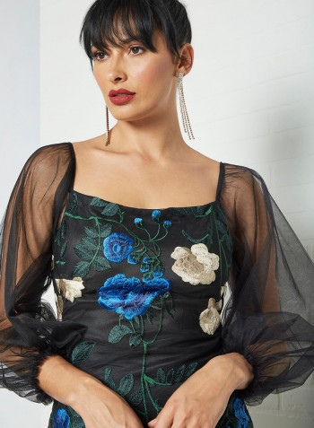 Floral Embroidery Dress Black