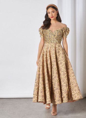 Pleated Body Lace Applique Organza Dress Yellow