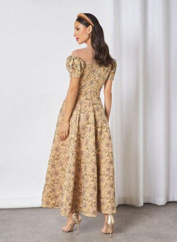 Pleated Body Lace Applique Organza Dress Yellow