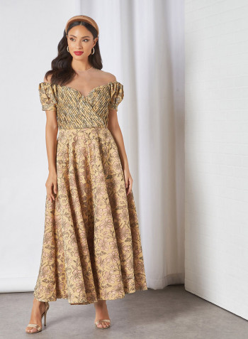 Pleated Body Lace Applique Organza Dress Yellow