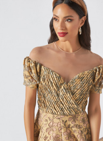 Pleated Body Lace Applique Organza Dress Yellow