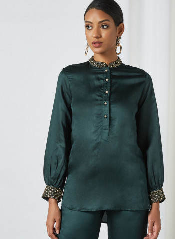 Embellished Blouse and Pant Set Green