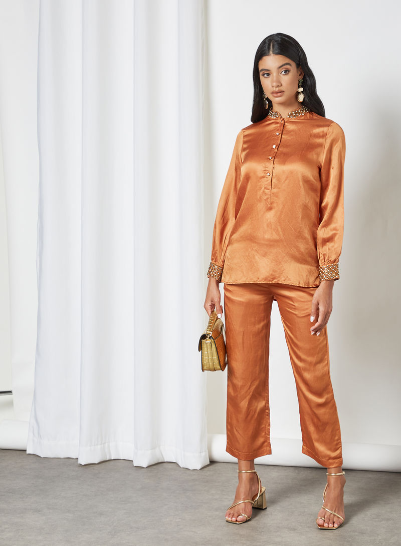 Embellished Blouse and Pant Set Rust