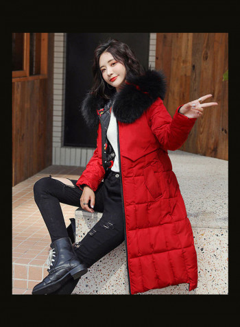 Long Sleeves Hooded Long Jacket Red/Black