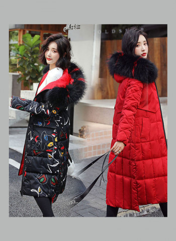 Long Sleeves Hooded Long Jacket Red/Black