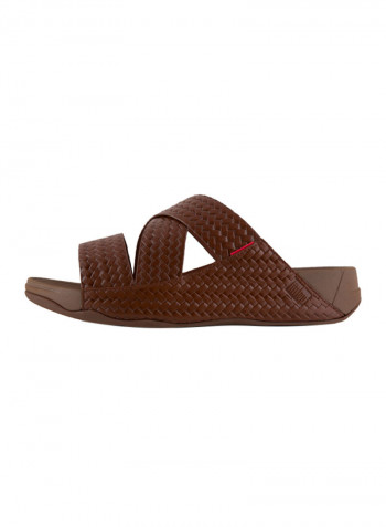 Embossed Leather Chi Slide Sandals Cognac