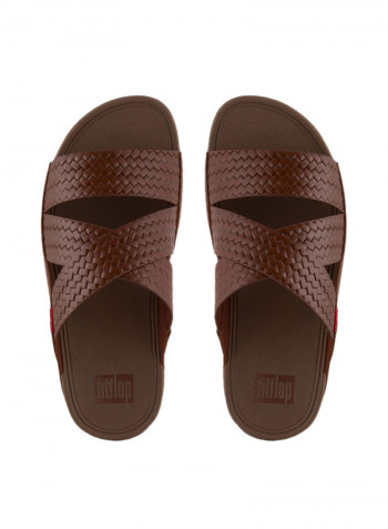 Embossed Leather Chi Slide Sandals Cognac