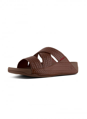 Embossed Leather Chi Slide Sandals Cognac