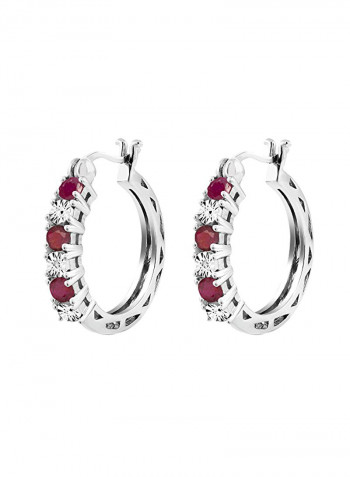 925 Sterling Silver 0.83 Ct Ruby And Diamond Studded Hoop Earring