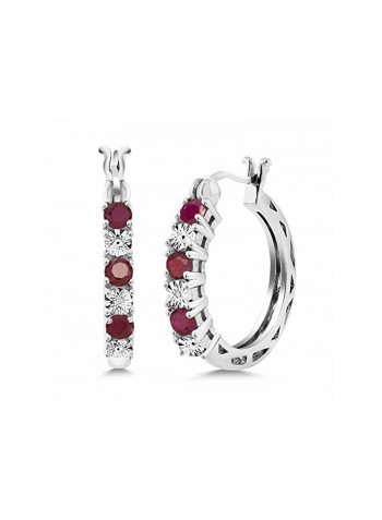 925 Sterling Silver 0.83 Ct Ruby And Diamond Studded Hoop Earring
