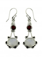 925 Sterling Silver Moonstone And Garnet Studded Dangle Earrings