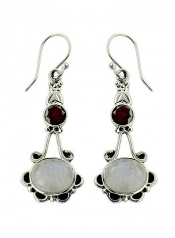 925 Sterling Silver Moonstone And Garnet Studded Dangle Earrings