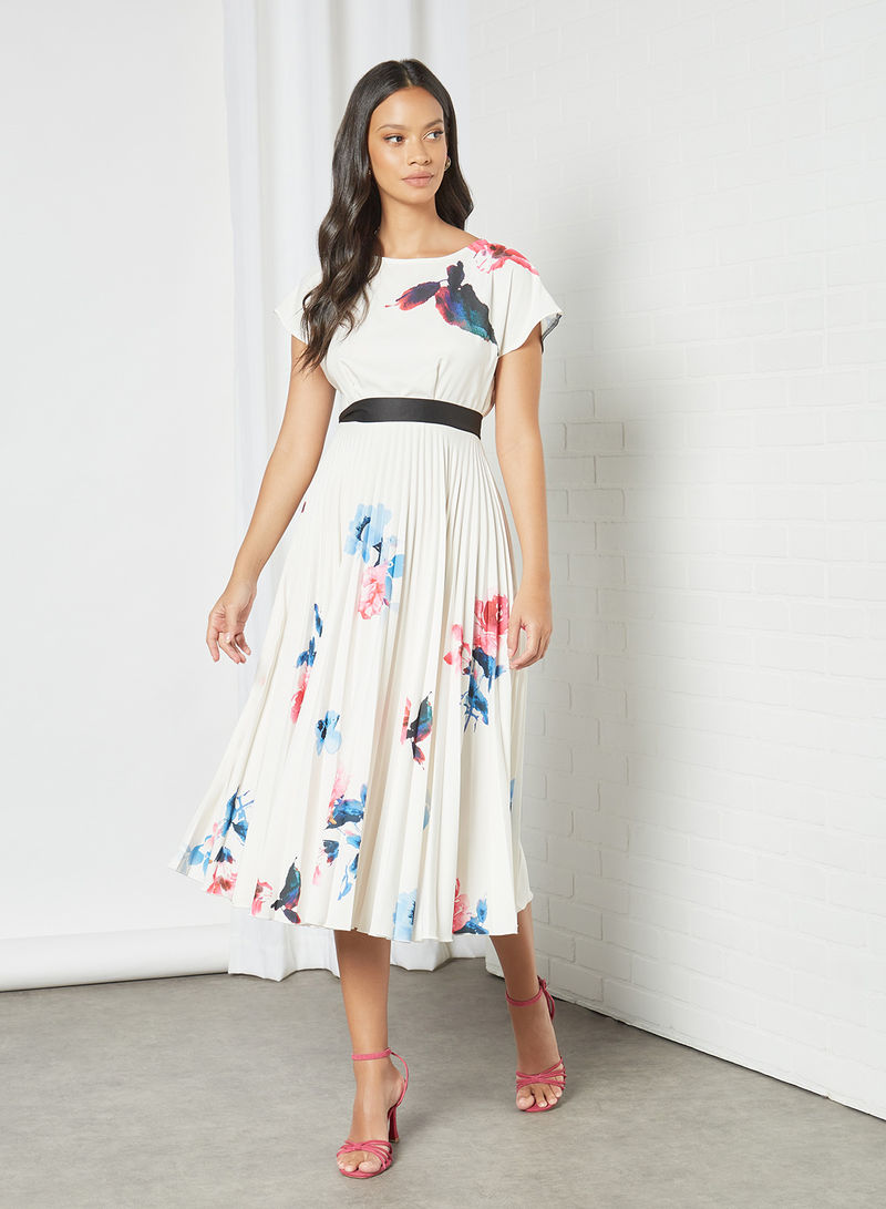 Floral Print Pleated Dress Ivory