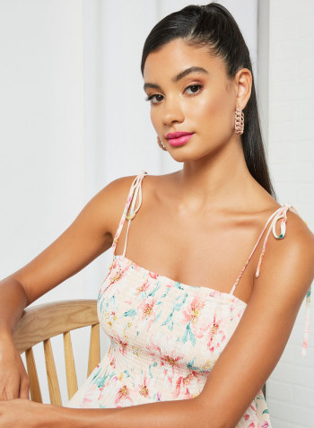 Shirred Bodice Floral Dress Pink