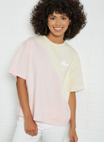 Loose Bicolour Cotton T-Shirt Pink/Beige/White