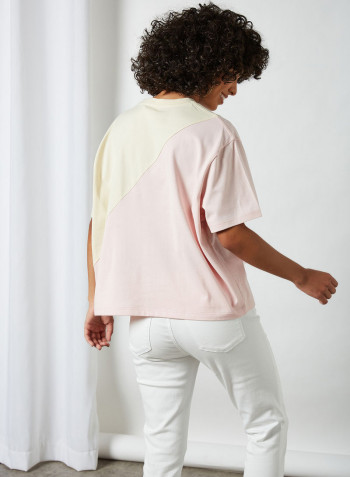 Loose Bicolour Cotton T-Shirt Pink/Beige/White