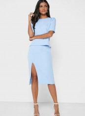 Crew Neck Solid Top and Front Slit Skirt Set أزرق