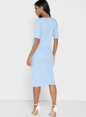 Crew Neck Solid Top and Front Slit Skirt Set Blue