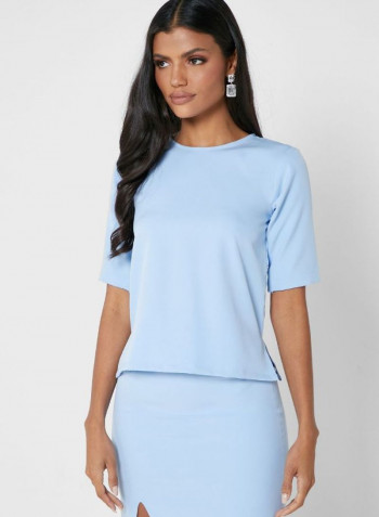 Crew Neck Solid Top and Front Slit Skirt Set Blue