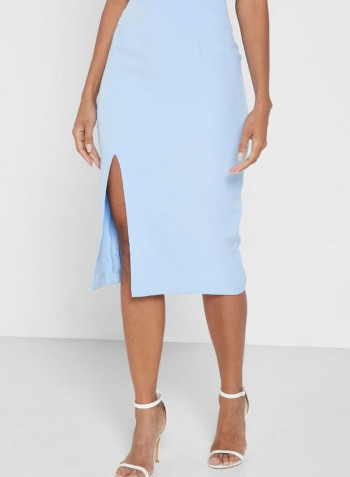 Crew Neck Solid Top and Front Slit Skirt Set Blue