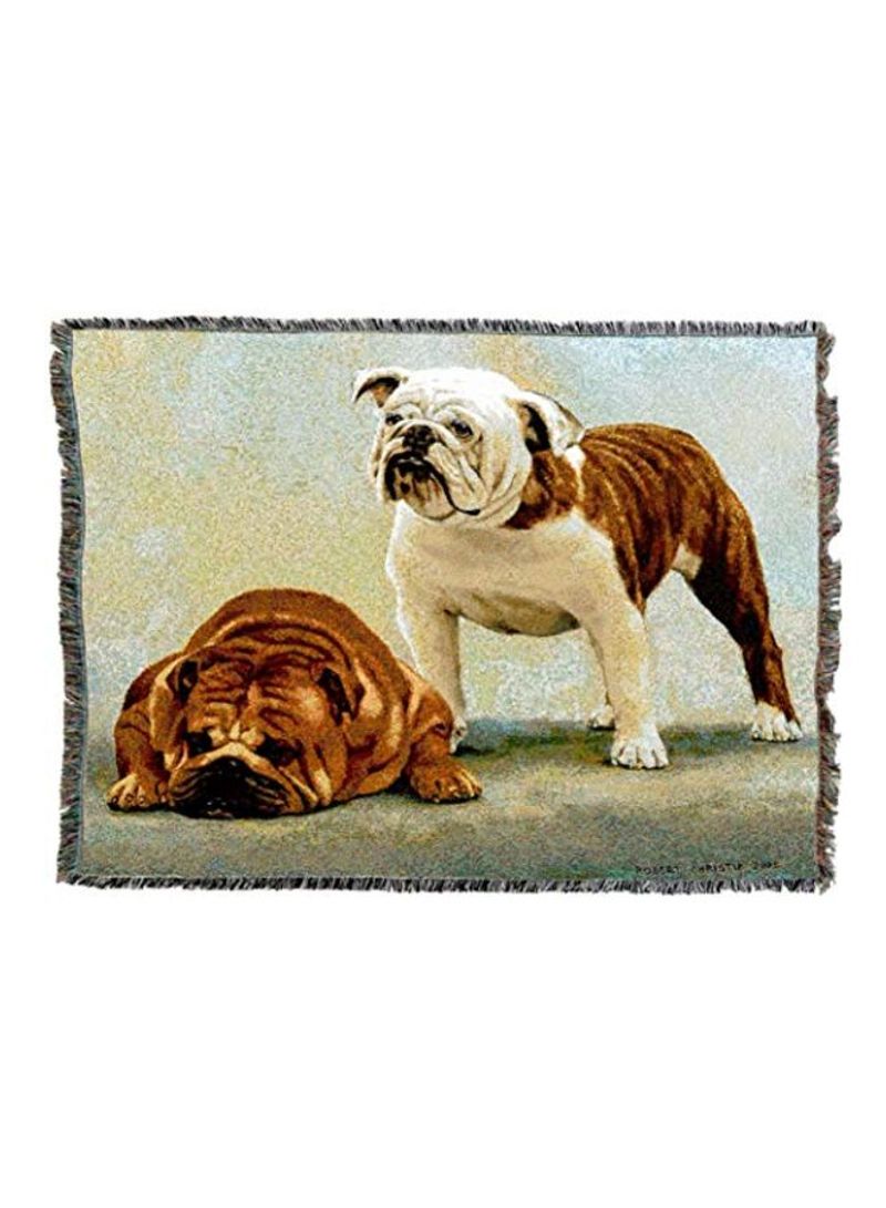 Bulldog Printed Throw Blanket With Fringe White/Brown/Green 72x54inch