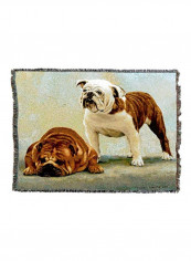 Bulldog Printed Throw Blanket With Fringe White/Brown/Green 72x54inch