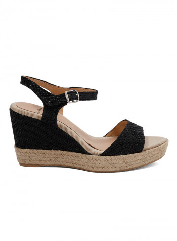 Agnes-S Shimmery Pin Buckle Closure Wedge Espadrille Black (Negre)