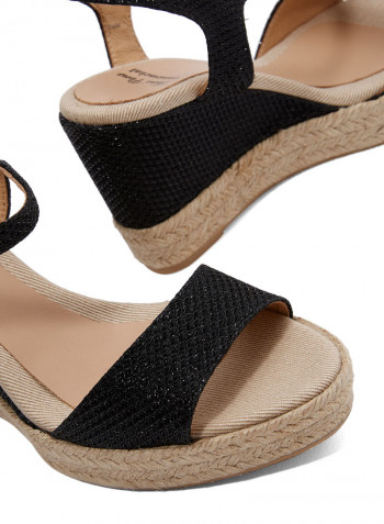 Agnes-S Shimmery Pin Buckle Closure Wedge Espadrille Black (Negre)