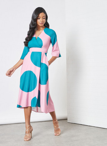 Polka-Dot Wrap Style Dress Pink/Blue