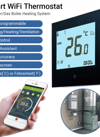 Smart Touchscreen Wi-Fi Programmable Thermostat For Water/Gas Boiler Black 10.50 x 5.80 x 9cm