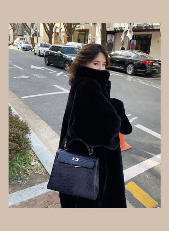 High Collar Plush Loose Over Knee Long Coat Jacket Black