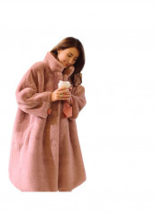 High Collar Plush Loose Over Knee Long Coat Jacket Pink