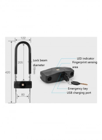 U-Shaped Smart Fingerprint Glass Door Lock Black/Silver