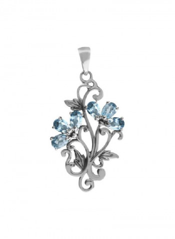 925 Sterling Silver 1.8 Ct Topaz Flower And Leaf Pendant Necklace