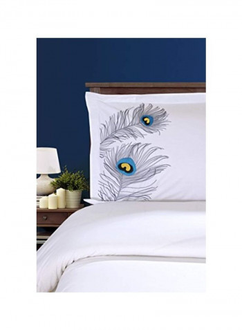 3-Piece Embroidered Cotton Duvet Cover Set White/Blue/Black Full/Queen
