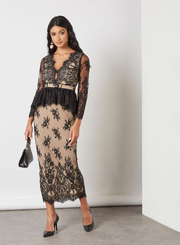 Plunge Neck Peplum Lace Midi Dress Black