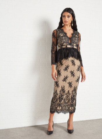 Plunge Neck Peplum Lace Midi Dress Black